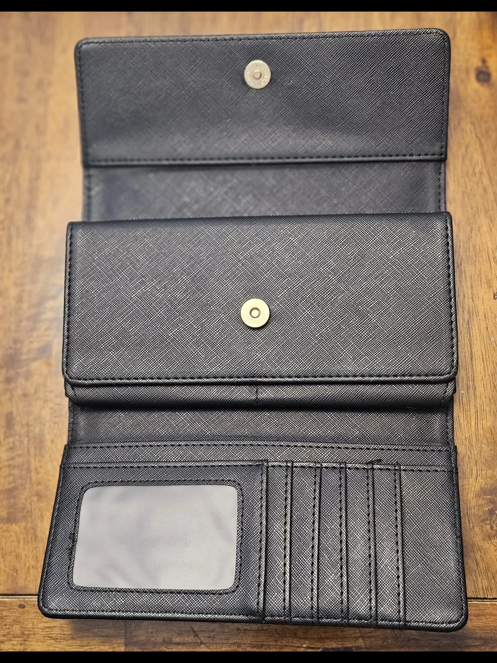 Fashionable Gold Tone Rivet Decorated Trifold Black Long Wallet Daily Use